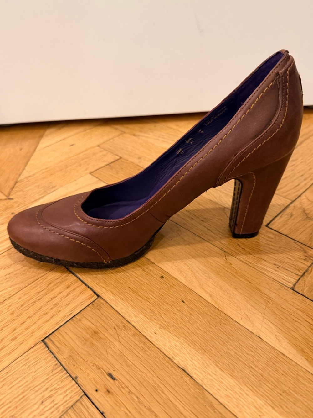 True Religion Brown Leather Classic High Heel Pump with Purple Lining